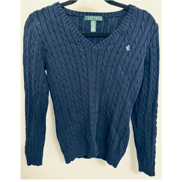 Ralph Lauren Dark Blue V-Neck Cable Sweater - Picture 1 of 2